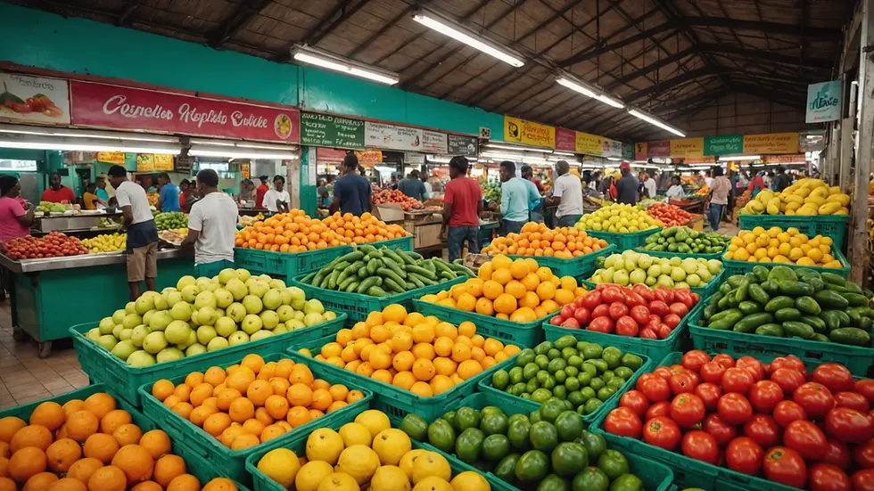 Eye-level view of a colorful Caribbean market with fresh produce