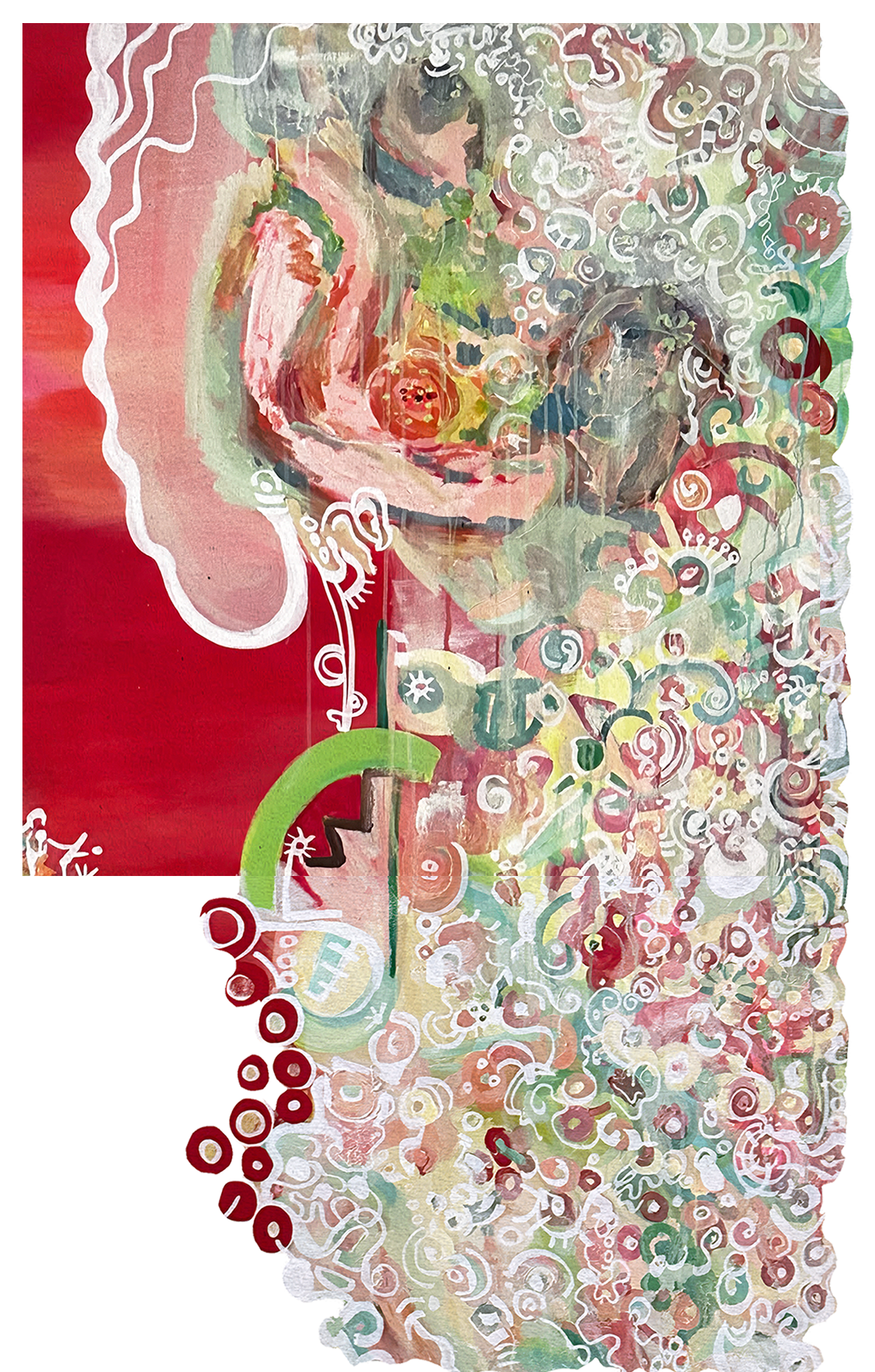 Abstract painting featuring organic shapes, textured brushstrokes, and white decorative markings on a red background.