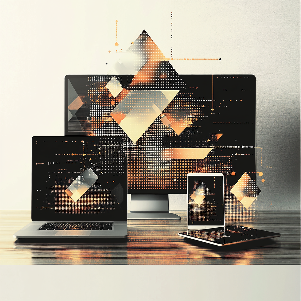 Multiple digital devices including desktop laptop tablet and smartphone displaying abstract data visualization