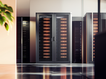 Modern data center with illuminated server racks and glass walls featuring a potted plant in the foreground