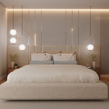 Divisão de quarto com cama, mesas cabeceira, colchão, estrado, carpete, cortinado, iluminação, carpete, decoração