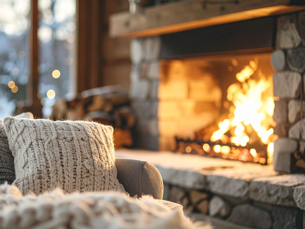 Cozy room with a crackling stone fireplace, a knit pillow on a chair, warm lighting, and soft snow visible outside the window.