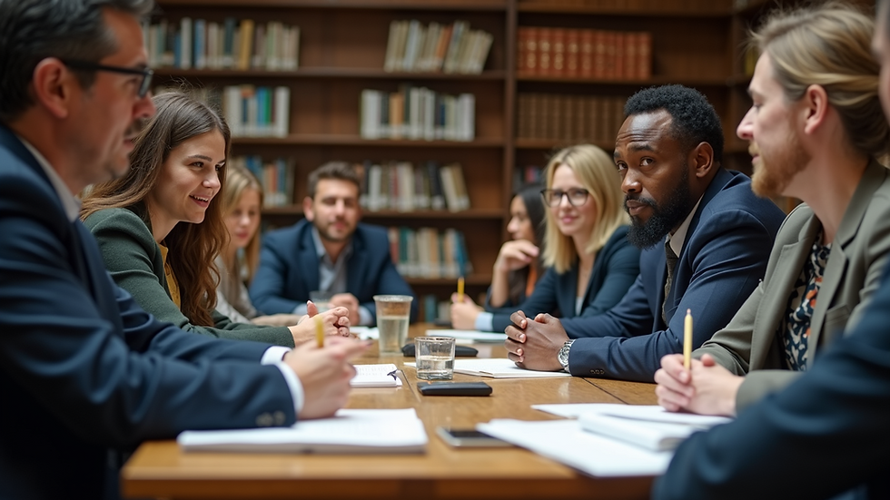Eye-level view of a diverse group of writers engaged in a lively discussion