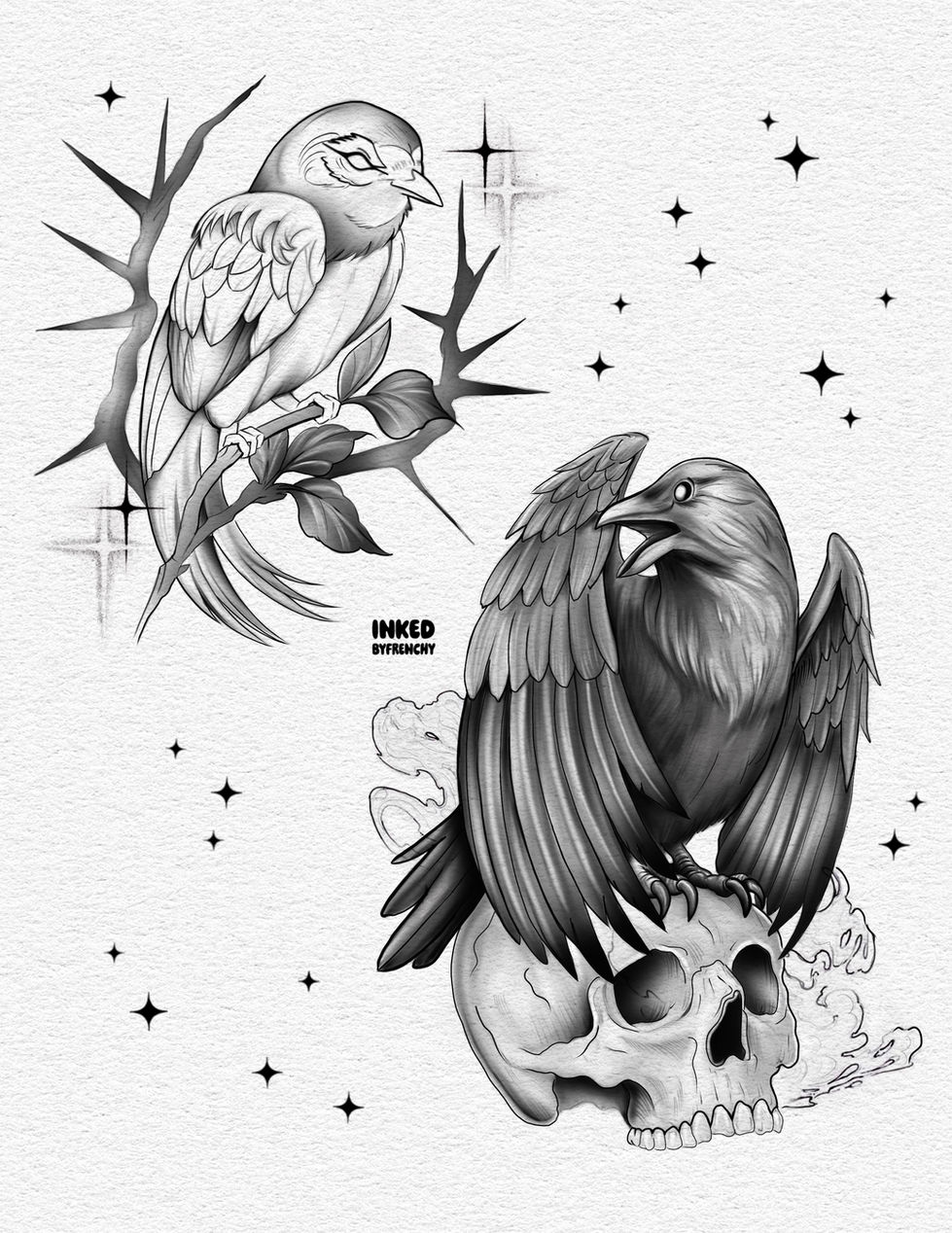 Black and grey tattoo flash featuring a crow, skull, and sparrow with fine line details and soft shading.