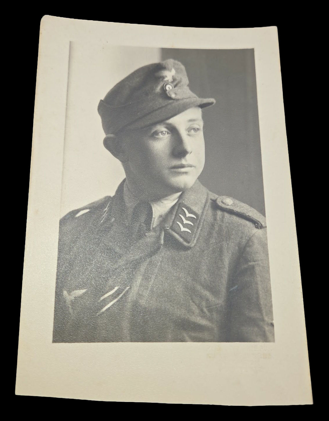 German WWII Luftwaffe Hauptgefreiter Field Cap Studio Portrait Photograph