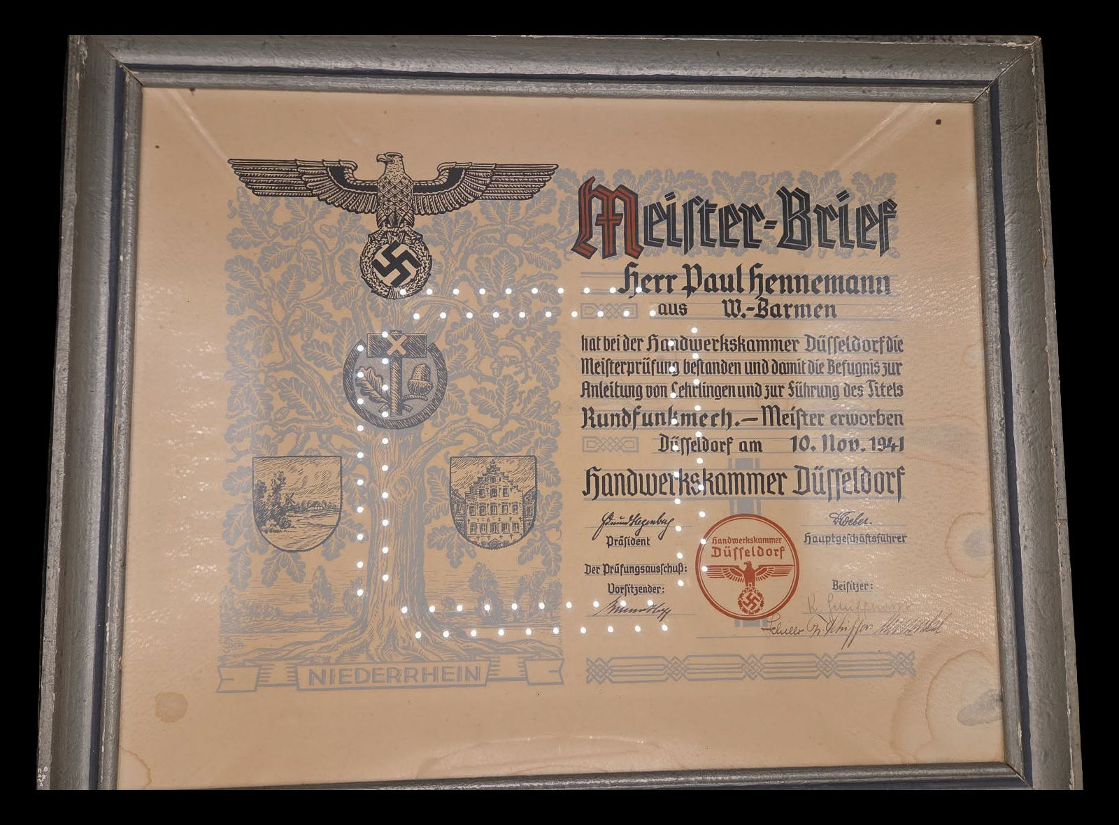 Framed 1941 “Meister-Brief” Master Craftsman Certificate – Düsseldorf