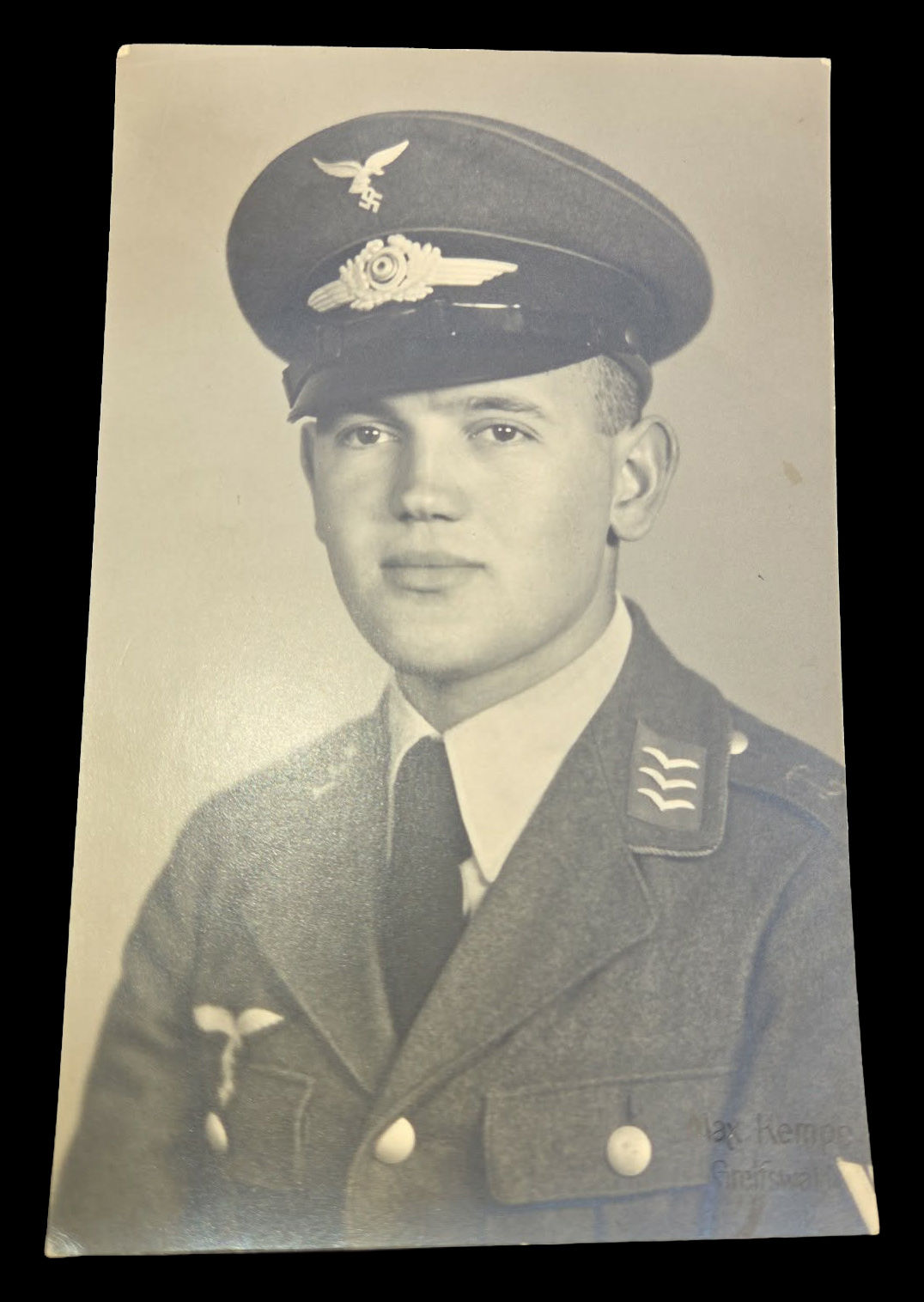German WWII Luftwaffe Oberfeldwebel NCO Visor Cap Studio Portrait Photo