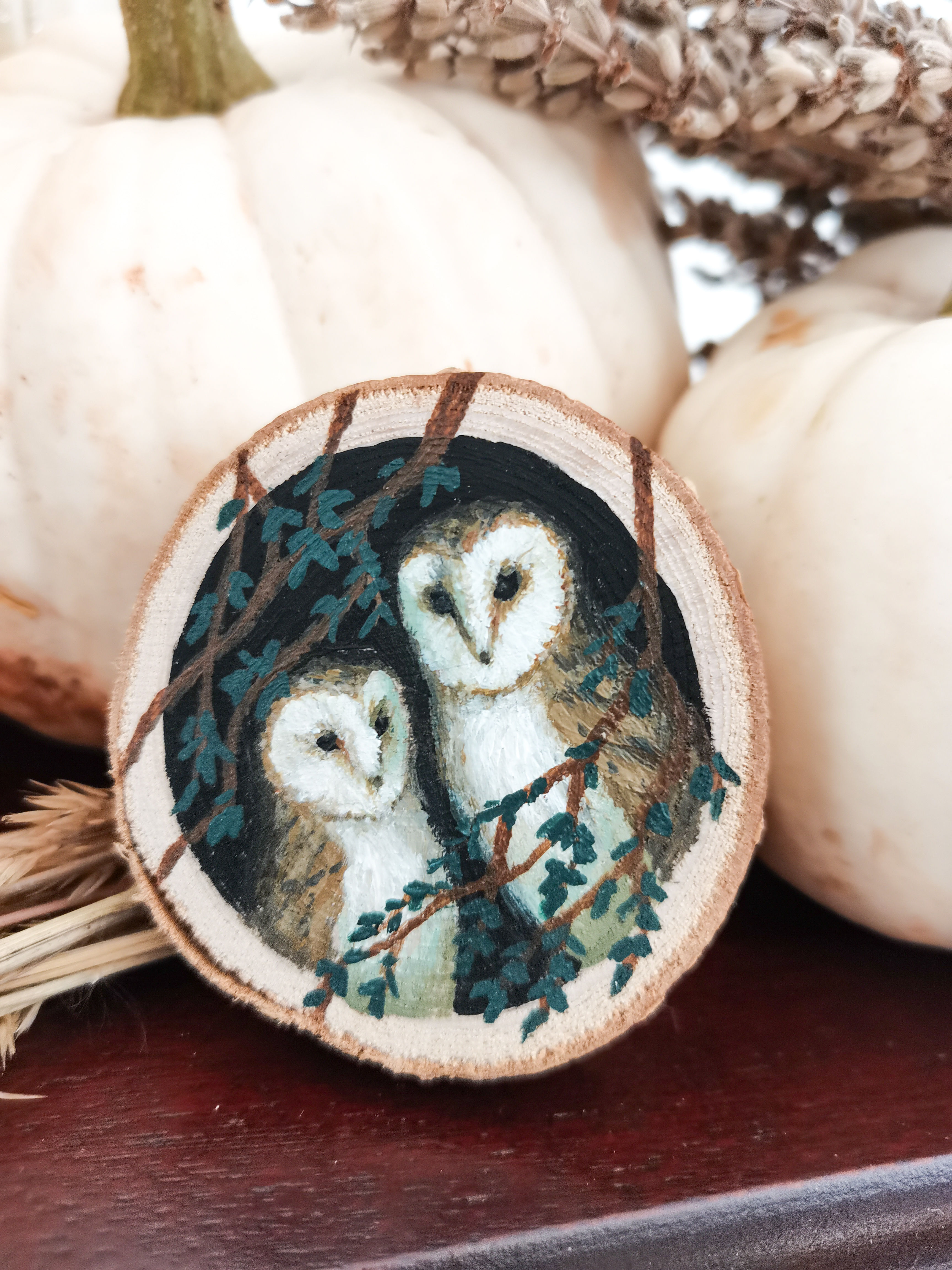 Handpainted Scottish Owls wooden disc ornament 