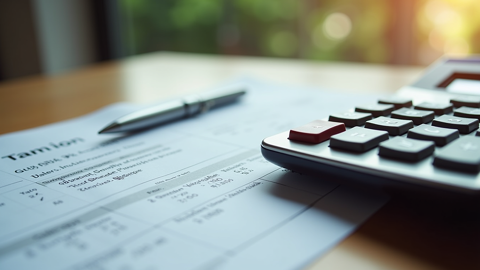 Close-up view of a calculator and tax documents on a wooden table