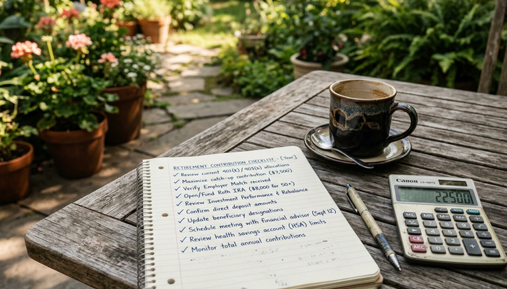 Close-up of a handwritten retirement contribution checklist on a patio table