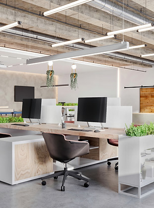 Modern office workspace with commercial LED lighting installation
