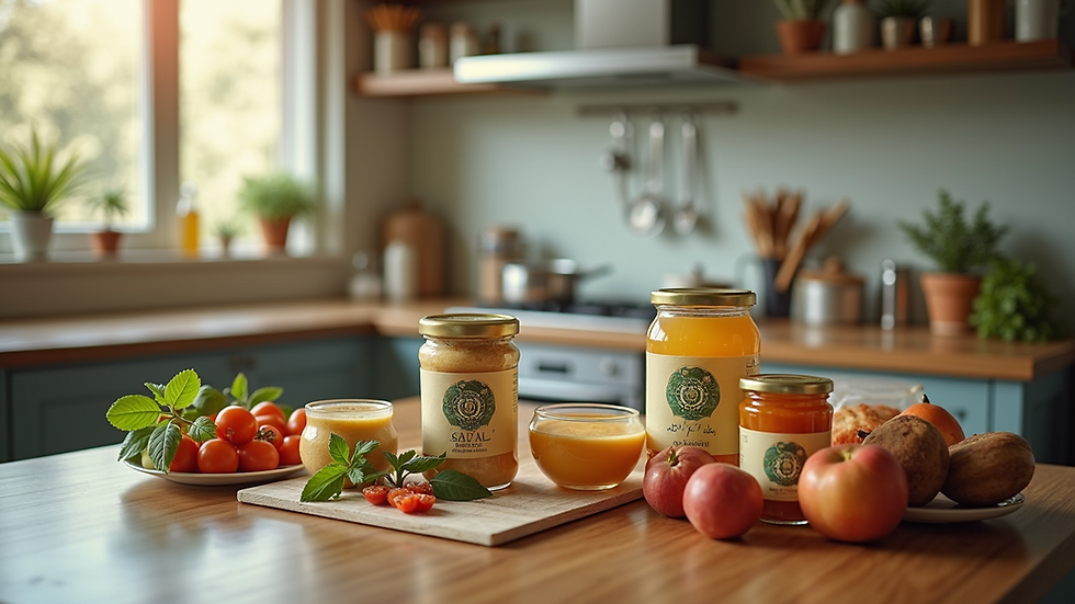 High angle view of a variety of halal-certified packaged foods on a kitchen counter