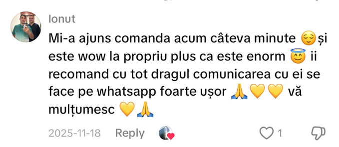 Comentariu pe TikTok: „Mi-a ajuns comanda acum câteva minute și este wow la propriu plus ca este enorm ii recomand cu tot dragul comunicarea cu ei se face pe whatsapp foarte ușor vă mulțumesc”