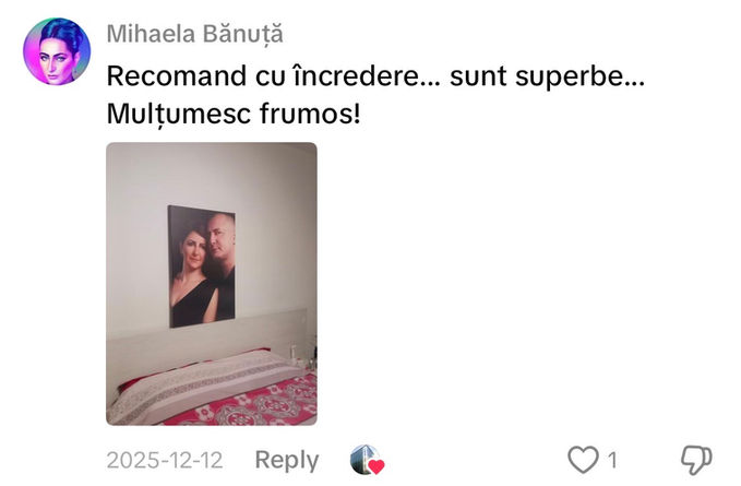 Comentariu pe TikTok: „Recomand cu încredere... sunt superbe... Mulțumesc frumos!” (cu poza tabloului primit)