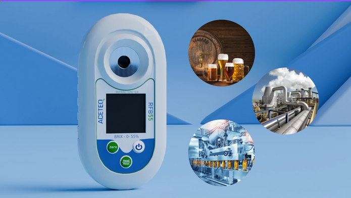 Digital refractometer, ACETEQ, shows readings in a brewery and industrial context.