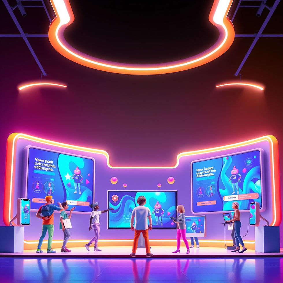 3D animated characters, motion graphics elements, and digital screens representing advertising campaigns.