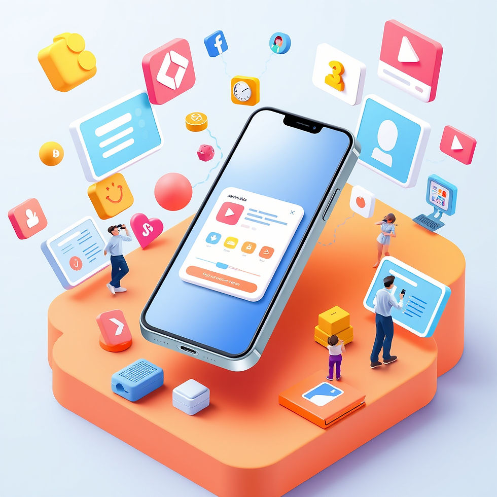 modern 3D illustration of a smartphone with an app interface, surrounded by animated elements like icons, UI screens, characters, and motion graphics