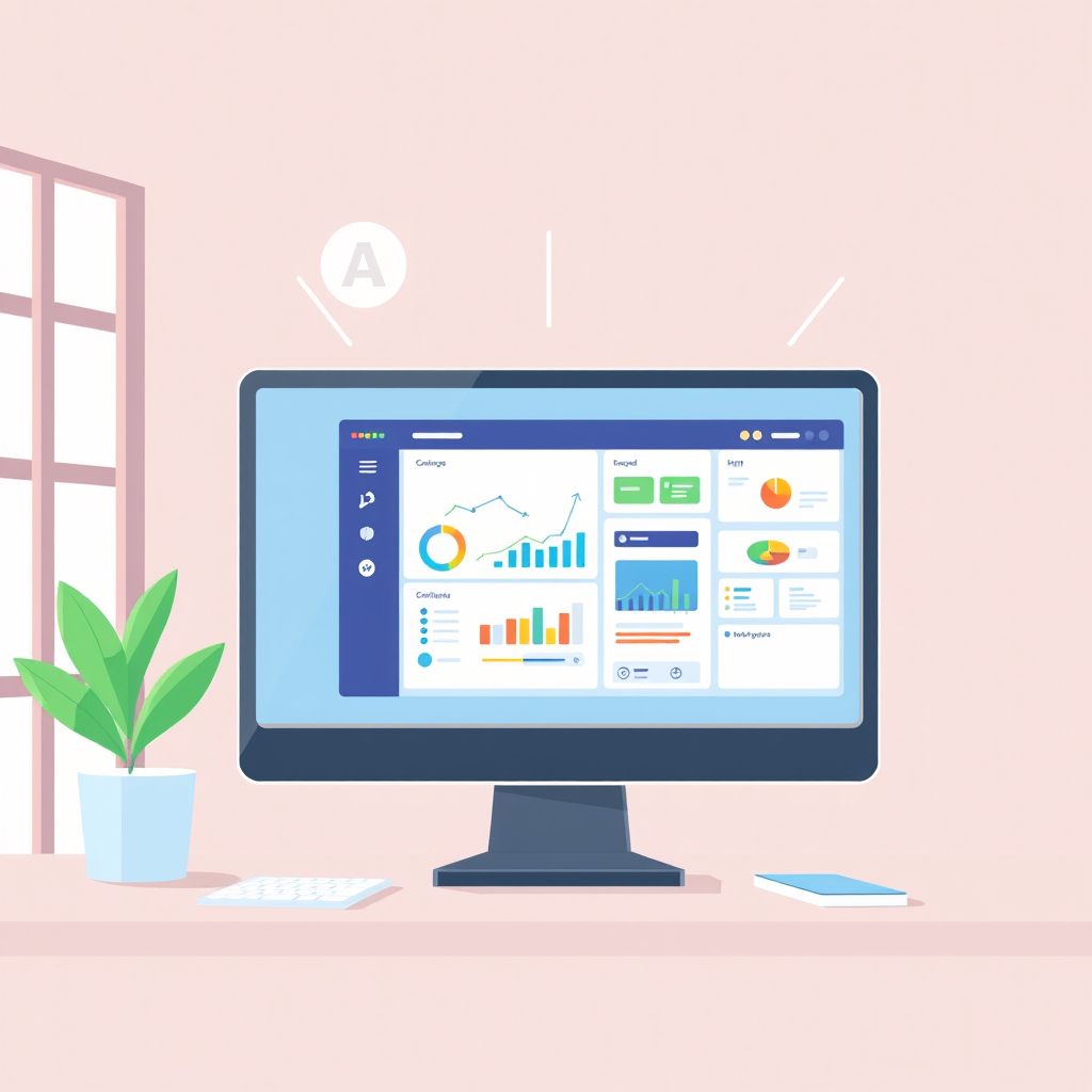 Illustration of a software explainer video, showing a computer screen with animated softwa