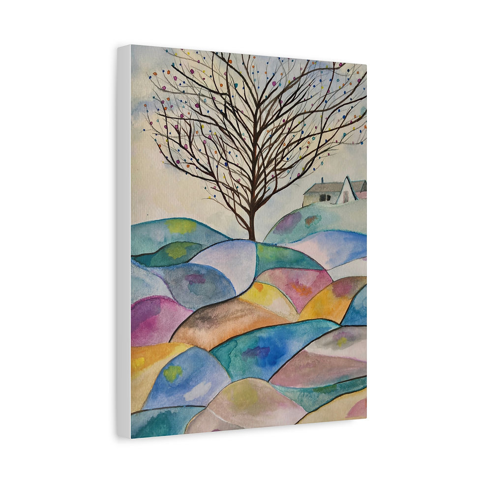Thumbnail: Watercolor Hillscape Canvas Wall Art — Tree Over Colorful Rolling Hills