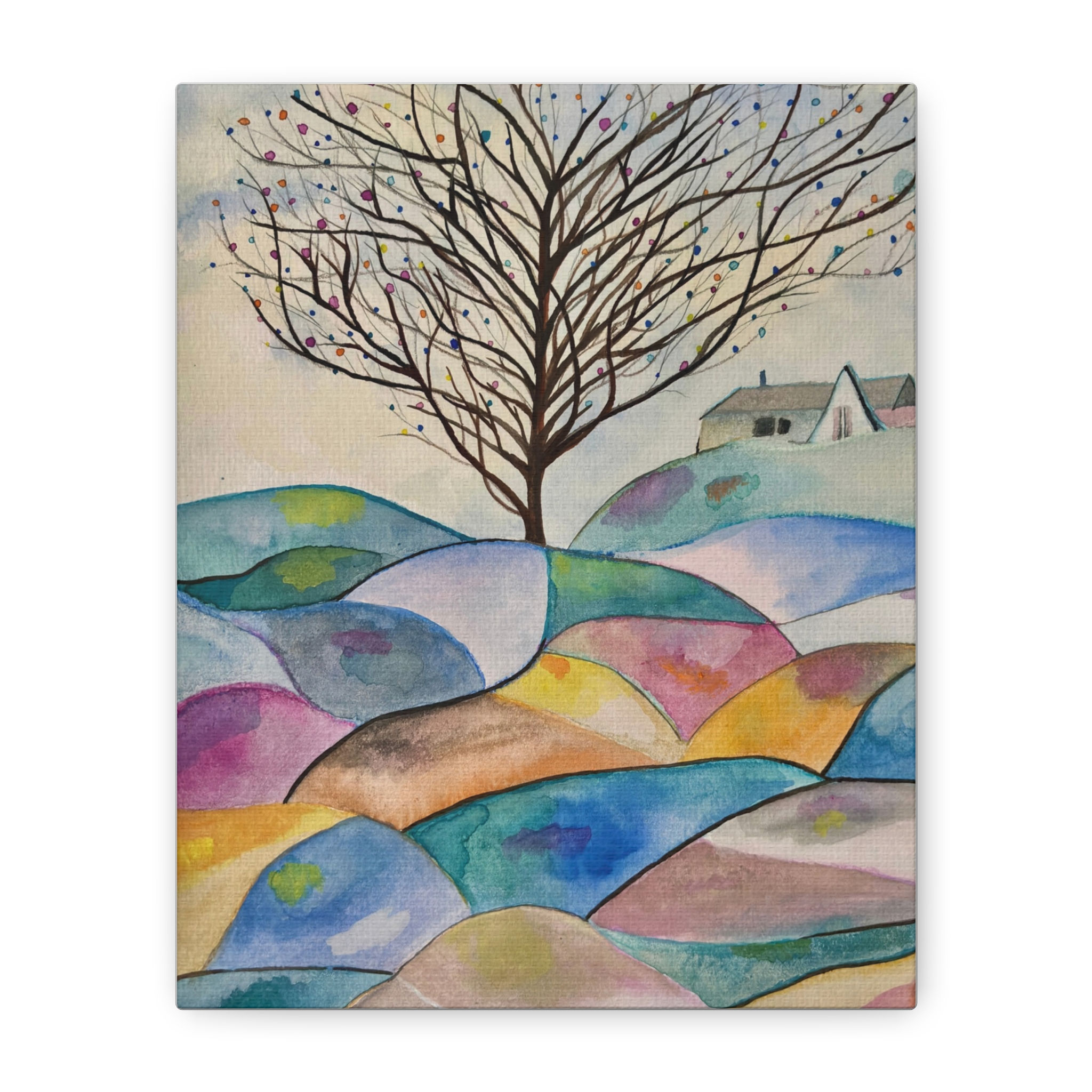 Watercolor Hillscape Canvas Wall Art — Tree Over Colorful Rolling Hills