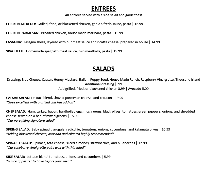 Fubar Entree and Kids Menu