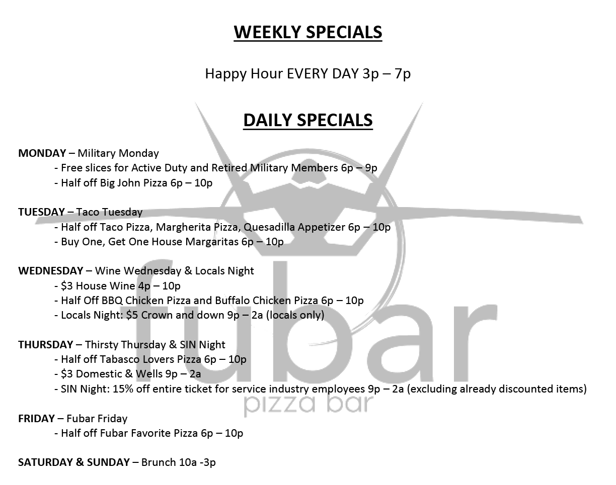 Fubar Specials Menu