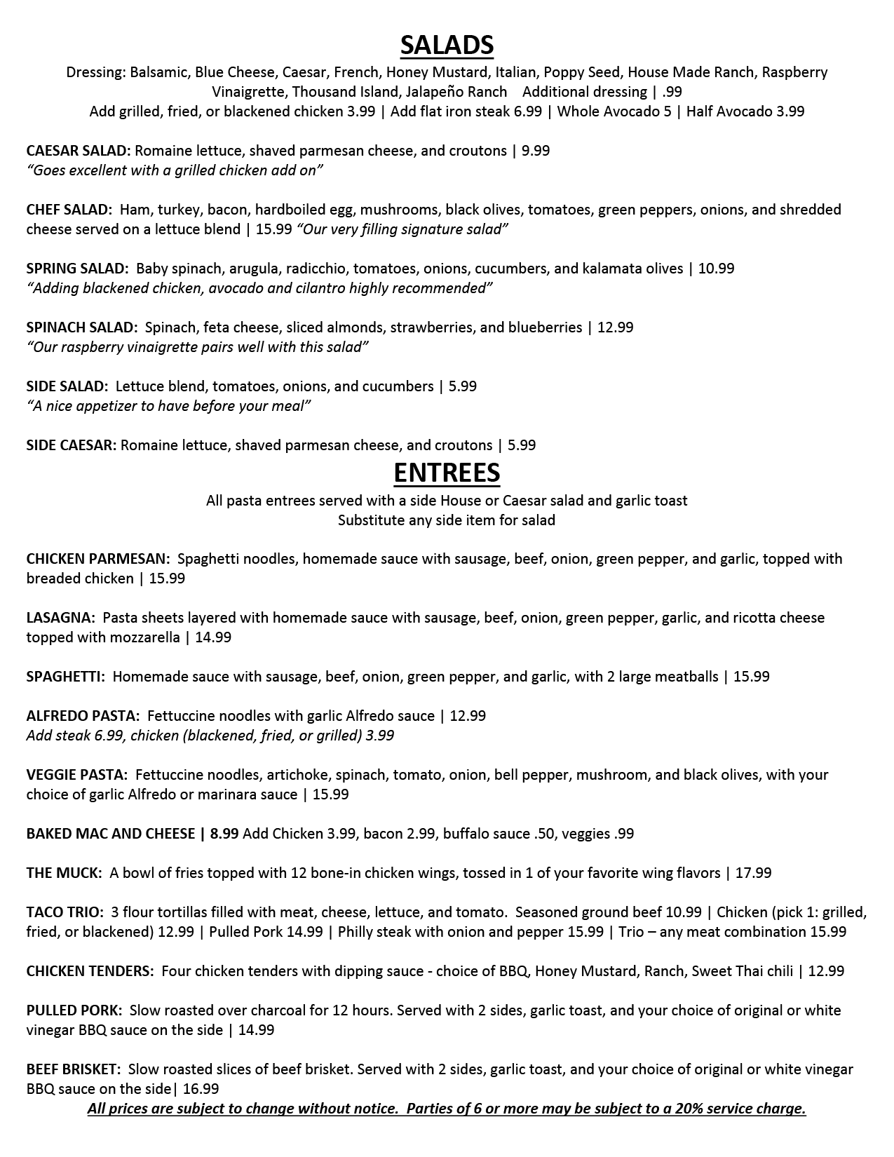 Salads and Entrees Menu