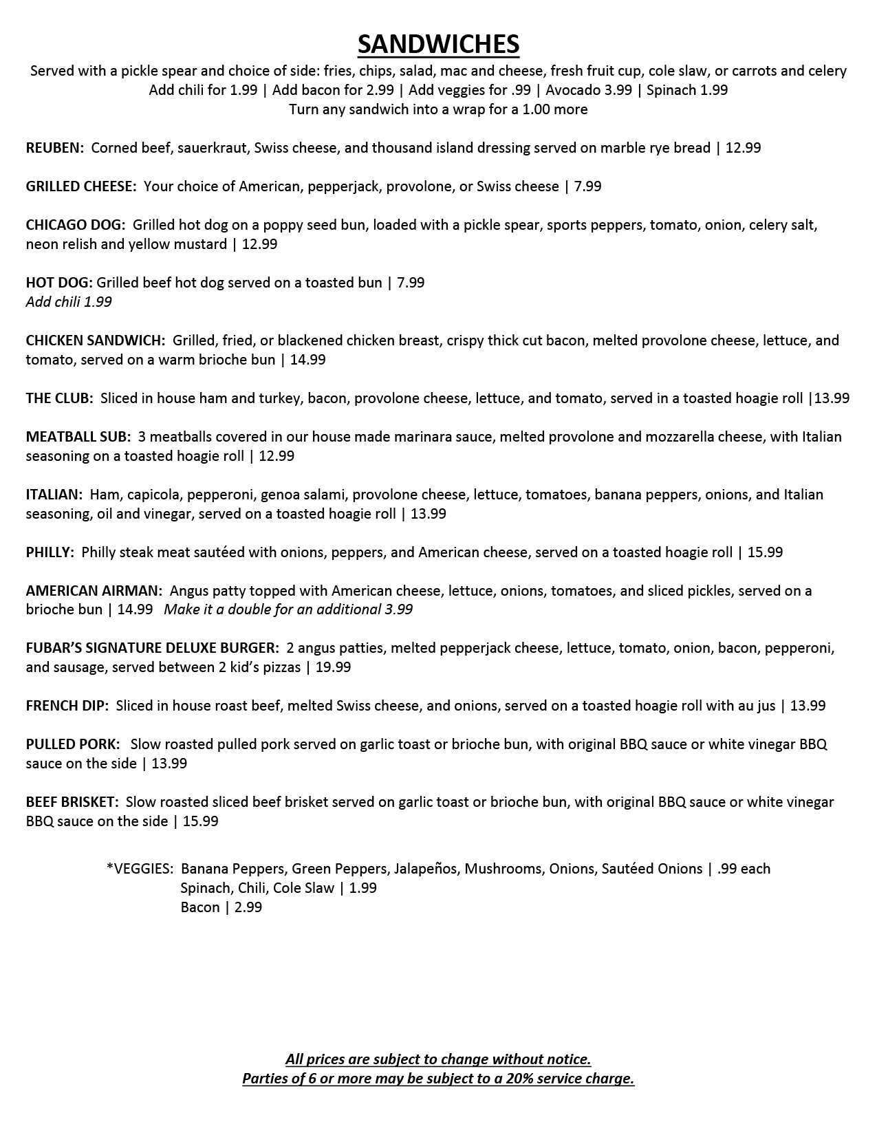 Fubar Sandwich Menu