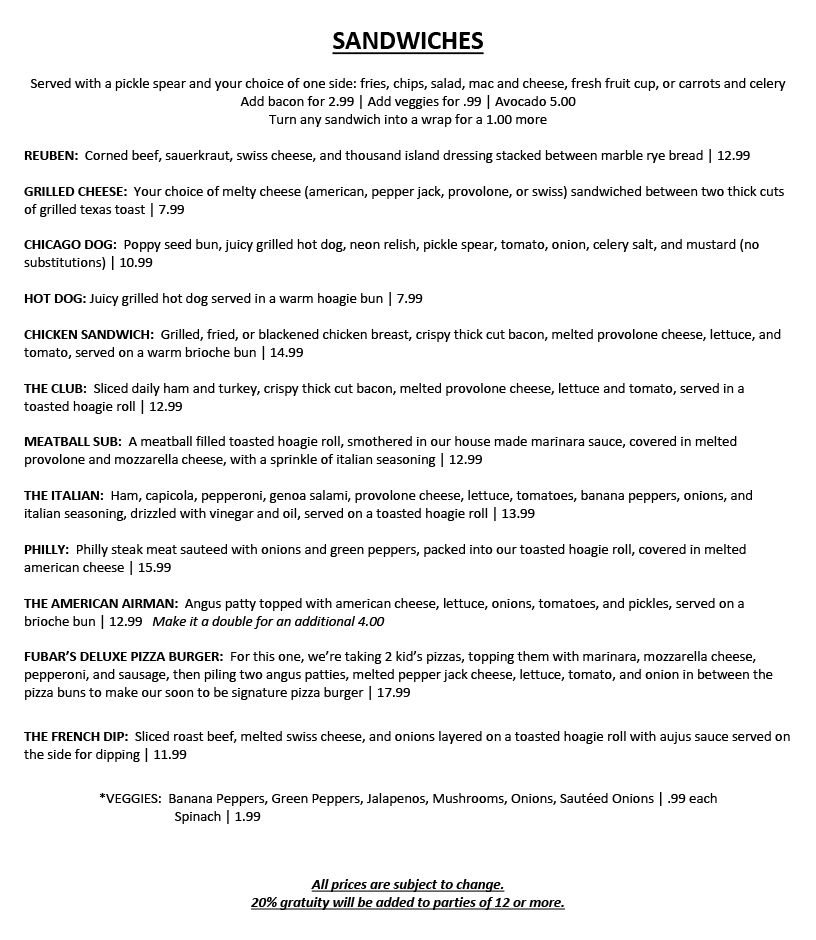 Fubar Sandwich Menu