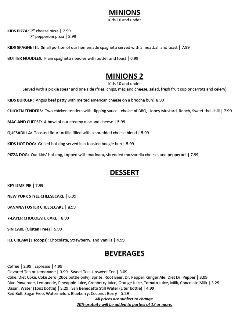 Fubar Salad, Dessert & Beverage Menu