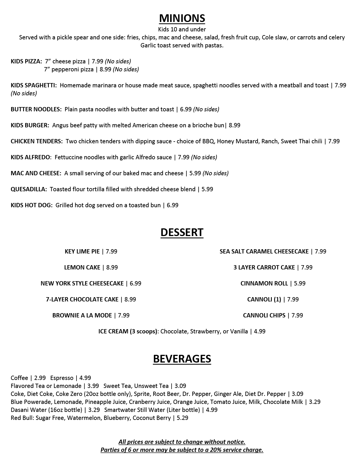 Kids, Dessert & Beverage Menu