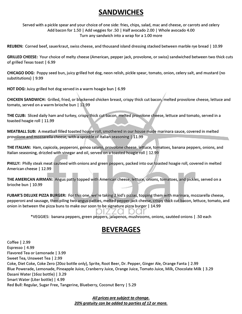 Fubar Sandwich Menu