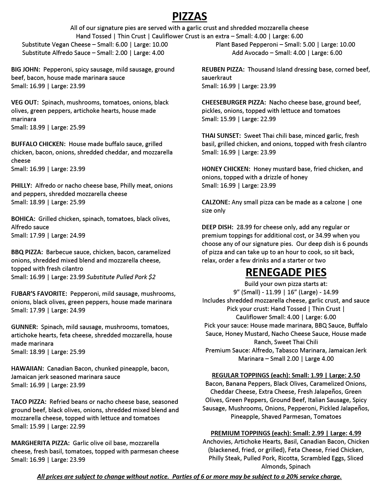 Fubar Pizza Menu