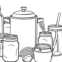 I would like a black and white line drawing of a collection of supplies used in typical ho