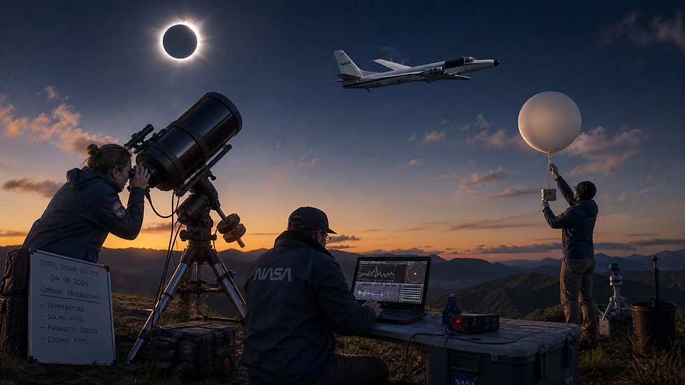 NASA team observes total solar eclipse at sunset: one at telescope, one at laptop, one holding balloon, with NASA plane overhead.