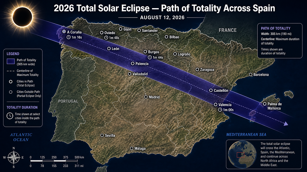 Map of the 2026 total solar eclipse path across Spain, with a purple band, city labels, and the date August 12, 2026.