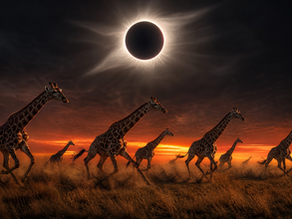 Giraffes run across a dusty savanna at sunset beneath a total solar eclipse, with a glowing orange sky and dramatic shadows.