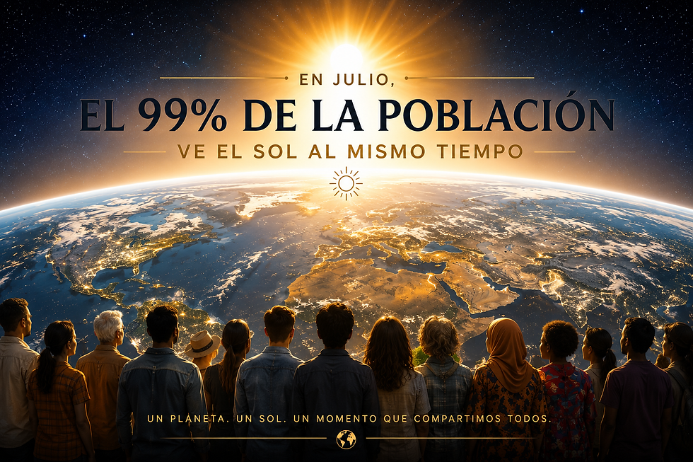 Una multitud observa el amanecer sobre la Tierra desde el espacio; un cartel dice que el 99% de la población ve el sol al mismo tiempo.