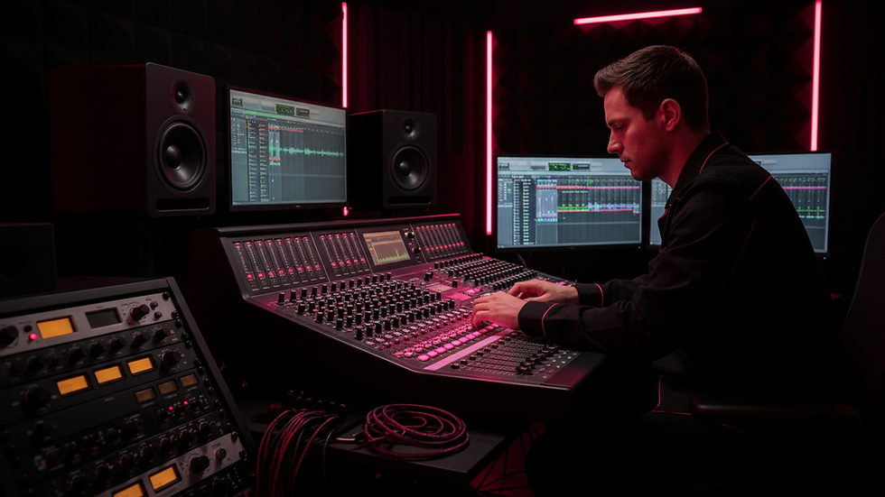 Eye-level view of a music producer working on a mixing console