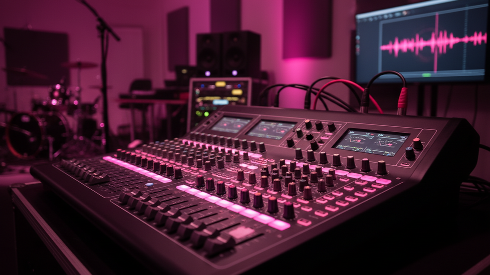 Close-up view of mixing console with colorful lights