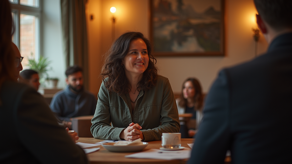 Eye-level view of a person speaking to a small group in a cozy setting