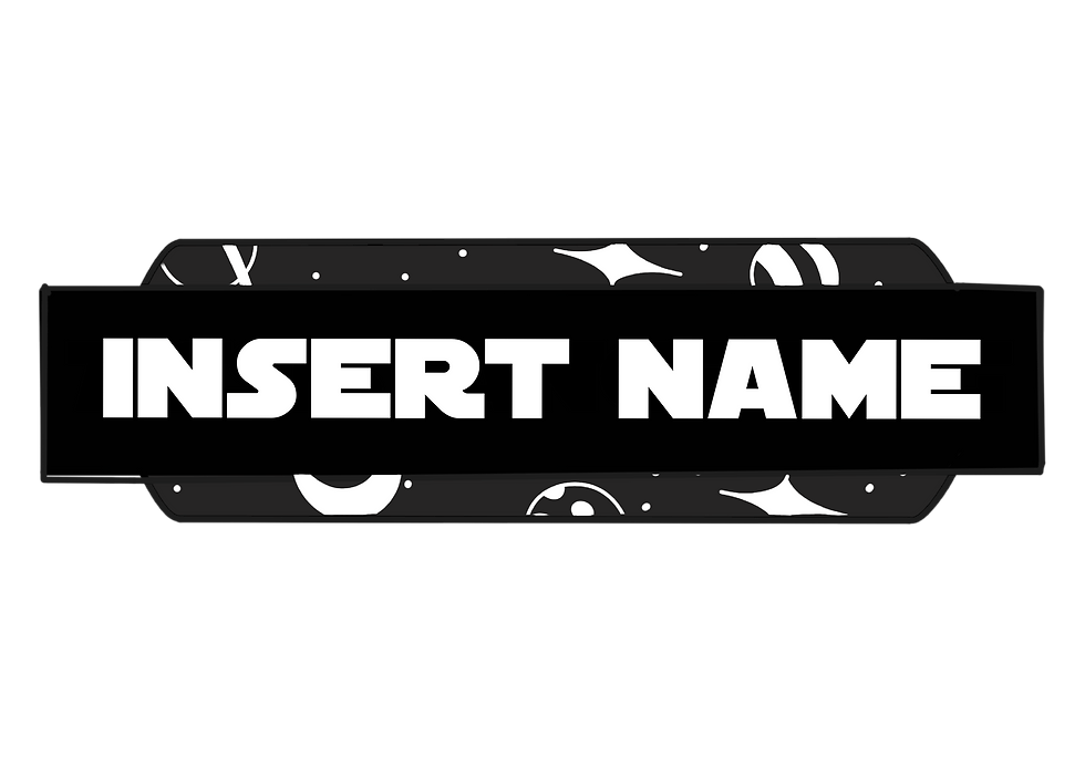 Black patch with bold white “INSERT NAME” text and scattered space-themed icons in the background.