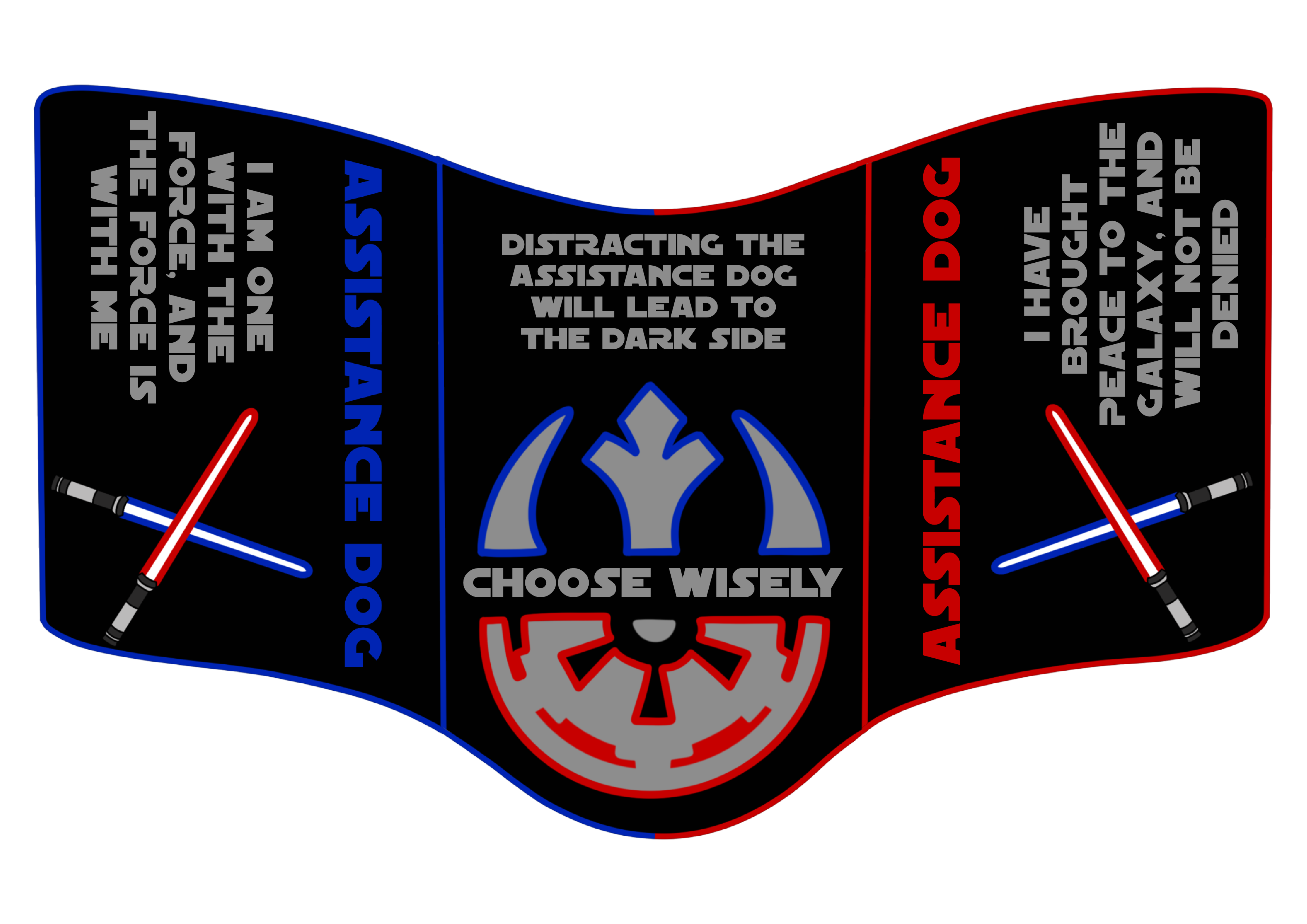 Black vest with red and blue lightsaber sides, “ASSISTANCE DOG” text, and “CHOOSE WISELY” warning.