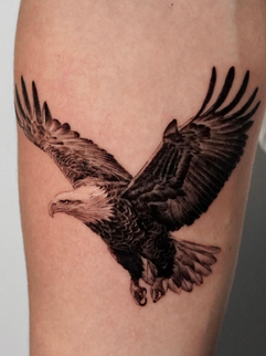 Realistic tattoo of a bald eagle in mid-flight, detailed feathers and bold posture.