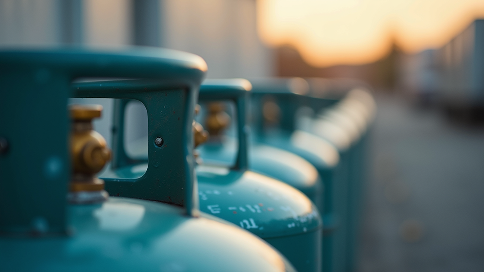 Eye-level view of industrial gas cylinders lined up outdoors