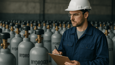 Technician inspecting rows of hydrogen gas cylinders inside an industrial warehouse, wearing safety gear, supplied by Premium Gases Solutions in Malaysia.