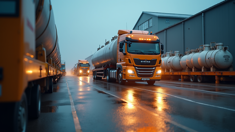 Eye-level view of delivery truck unloading industrial gas cylinders at a factory