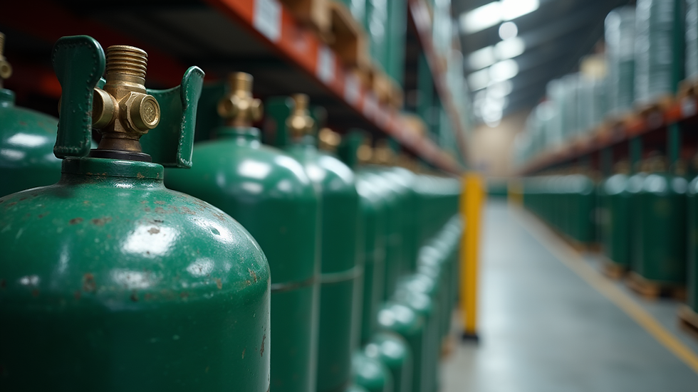 Close-up view of industrial gas cylinders stacked in a warehouse