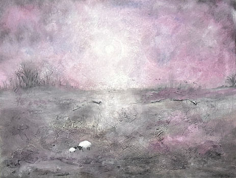 Original textured oil painting, with a mother sheep and her baby.  Colours of gentle pinks and shades of grey.