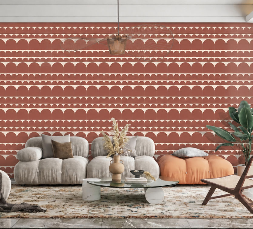 Carrelage terracotta dans un salon aux matières naturelles